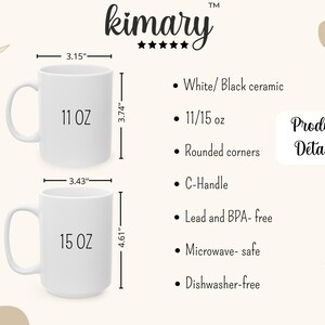 May include: Two white ceramic mugs with C-handles are displayed. The 11 oz mug is 3.15 inches wide and 3.74 inches tall. The 15 oz mug is 3.43 inches wide and 4.61 inches tall. The mugs are microwave and dishwasher safe.
