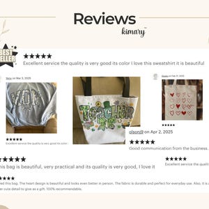 May include: A collage of customer reviews for various products. The reviews include text and images of a light blue sweatshirt with "MOM" on it, a white tote bag with a "TEACHER" design, and a tote bag with heart designs. The reviews are positive.