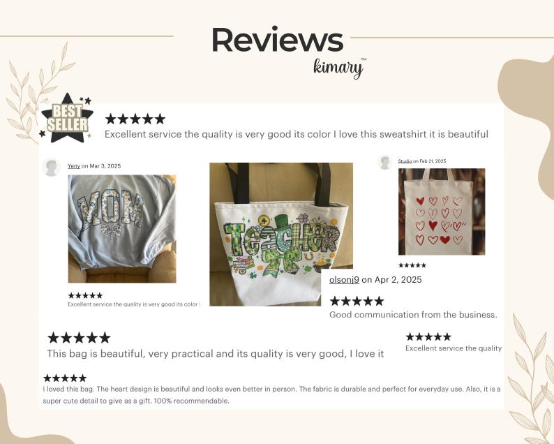 May include: A collage of customer reviews for various products. The reviews include text and images of a light blue sweatshirt with "MOM" on it, a white tote bag with a "TEACHER" design, and a tote bag with heart designs. The reviews are positive.