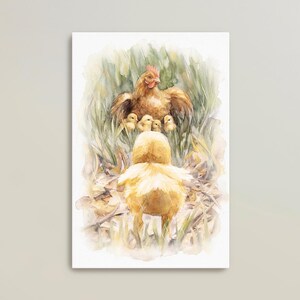 May include: A watercolor painting depicts a brown hen standing in tall green grass, sheltering four small yellow chicks under its wings. In the foreground, a single fluffy yellow chick faces the hen, set against a soft, light-colored background.