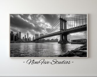 Frame TV Black and White Cityscape Digital Art, New York Bridge Photo, Urban Decor, Office Digital Hanging, Modern Decor, Architectural Art