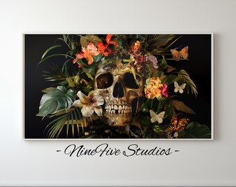 Frame TV Art - Floral Skull Digital Artwork, Tropical Flowers and Butterflies, Unique Gothic Home Decor, Dark Aesthetic Wall Art