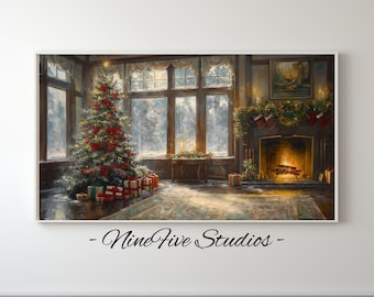 Frame TV Art - Cozy Christmas Scene with Fireplace, Digital Holiday Decor, Winter Living Room, Festive Wall Art, Seasonal Fireplace Ambience