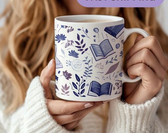 Book Lover Mug, Floral Book Print Coffee Cup (11oz)