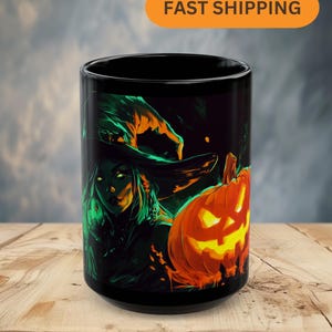 Witch and Spooky Pumpkin Halloween  Mug Trick or Treat Custom Mug Birthday Gift Pumpkin Mug Gift Coffee Tea Lovers Gift (11oz, 15oz)