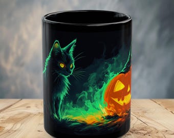 Taza de cerámica espeluznante con forma de calabaza y gato negro para Halloween