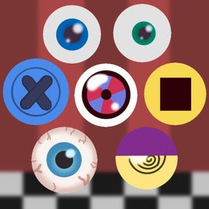 May include: A digital illustration with seven circular designs. Two show eyeballs with blue and green irises. Other designs include a blue button with an X, a red and blue pinwheel, a black square on yellow, and a purple and yellow design with a spiral.