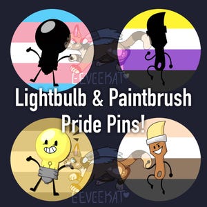 Könnte beinhalten: Grafik mit vier runden Pride-Pins. Jeder Pin zeigt eine Glühbirne oder einen Pinsel vor einem Pride-Flaggen-Hintergrund. Der Text "Lightbulb & Paintbrush Pride Pins!" ist in Weiß dargestellt.