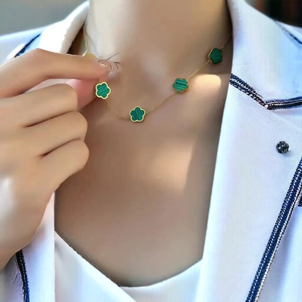 Dainty Women's Jewellery: Four Leaf Clover Necklace in 18k Rose Gold with Onyx, Mother of Pearl & Malachite Accents