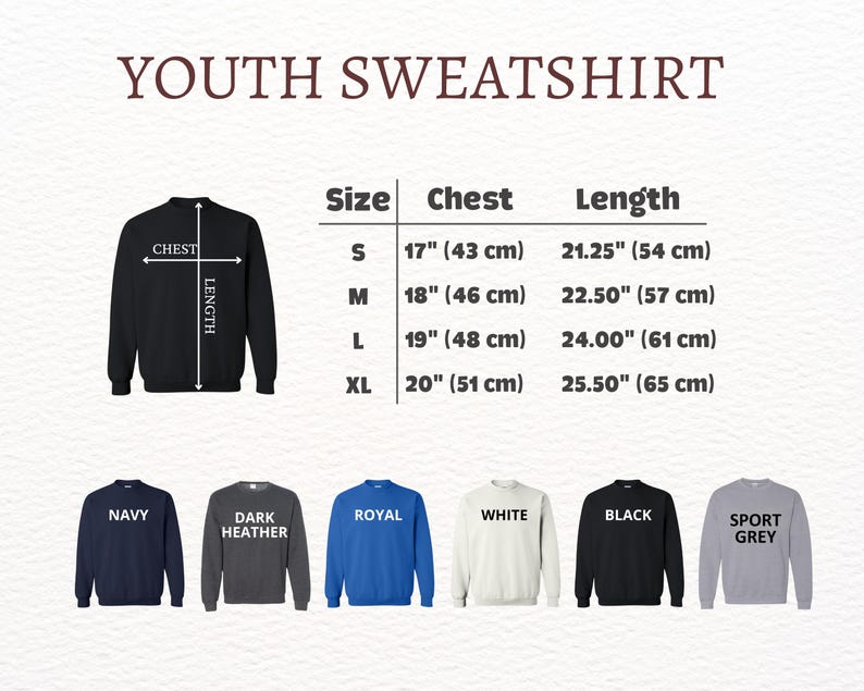 K&ouml;nnte beinhalten: Gr&ouml;&szlig;entabelle f&uuml;r Jugend-Sweatshirt mit Ma&szlig;en in Zoll und Zentimetern. Die Tabelle zeigt die Gr&ouml;&szlig;en S, M, L und XL mit den entsprechenden Brust- und L&auml;ngenma&szlig;en. Der Pullover ist in Marine, Dunkelgrau meliert, Royalblau, Wei&szlig;, Schwarz und Sportgrau erh&auml;ltlich.