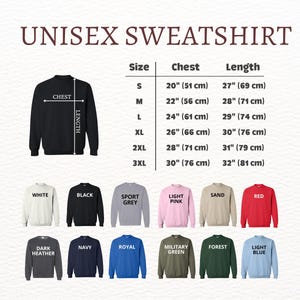 K&ouml;nnte beinhalten: Unisex-Sweatshirt in verschiedenen Farben erh&auml;ltlich, darunter Wei&szlig;, Schwarz, Sportgrau, Hellrosa, Sand, Rot, Dunkelgrau meliert, Marineblau, Royalblau, Milit&auml;rgr&uuml;n, Waldgr&uuml;n und Hellblau. Das Sweatshirt ist in Schwarz mit einer Gr&ouml;&szlig;entabelle und Ma&szlig;en in Zoll und Zentimetern abgebildet.