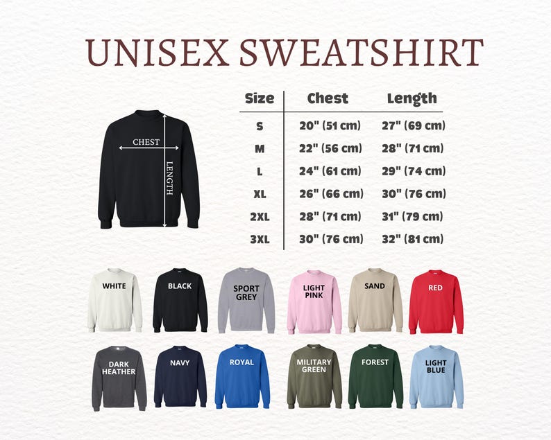 K&ouml;nnte beinhalten: Unisex-Sweatshirt in verschiedenen Farben erh&auml;ltlich, darunter Wei&szlig;, Schwarz, Sportgrau, Hellrosa, Sand, Rot, Dunkelgrau meliert, Marineblau, Royalblau, Milit&auml;rgr&uuml;n, Waldgr&uuml;n und Hellblau. Das Sweatshirt ist in Schwarz mit einer Gr&ouml;&szlig;entabelle und Ma&szlig;en in Zoll und Zentimetern abgebildet.