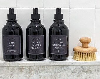 Stylish Kitchen & Bathroom Bottles with pump dispenser, 500ml Amber and Black Bottles, Waterproof label, home decor, soap dispenser, Dark