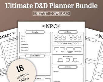 May include: A printable Dungeons and Dragons character sheet for creating non-player characters (NPCs). The sheet includes sections for details, abilities, combat style, passive senses, actions, and reactions. The sheet is designed for use with the Dungeons and Dragons 5th edition rules.