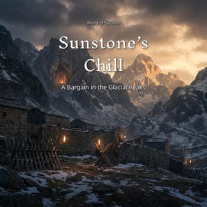 Può includere: Immagine di arte digitale di un paesaggio montuoso con il testo "Sunstone's Chill" e "A Bargain in the Glacial Peaks". La scena comprende edifici in pietra, torce e un cielo drammatico.