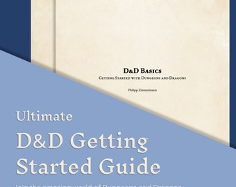 以下が含まれることがあります： 青と白の表紙に「Ultimate D&D Getting Started Guide」と「Join the amazing world of Dungeons and Dragons.」のテキストが書かれています。表紙には「D&D Basics Getting Started with Dungeons and Dragons Philipp Zimmermann」のテキストも書かれています。