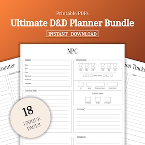 Può includere: Un set di planner Dungeons and Dragons stampabili con 18 pagine uniche. Il set include una scheda personaggio, un tracker di iniziativa e un tracker di combattimento. Le pagine sono in bianco e nero e hanno un design semplice.