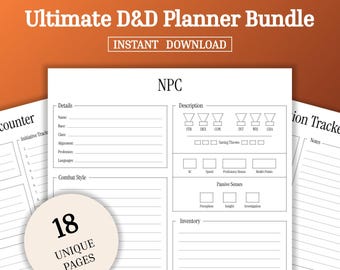 May include: A printable Dungeons and Dragons planner bundle with 18 unique pages. The bundle includes a character sheet, an initiative tracker, and a combat tracker. The pages are black and white and have a simple design.