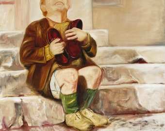 Niño con zapatos nuevos, impresión giclée, fotografía artística de la época de la Gran Depresión.