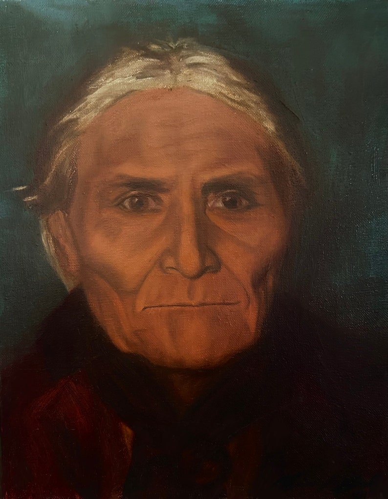 Puede incluir: Una pintura de una persona mayor con cabello blanco y una expresi&oacute;n seria. La persona lleva una prenda de color rojo oscuro. El fondo es de color verde azulado oscuro.