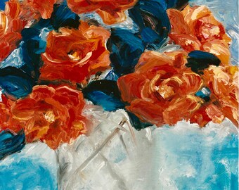Impresión giclée floral, bodegón de rosas naranjas