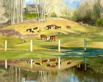Lámina artística de vacas pastando, pintura de paisaje rural