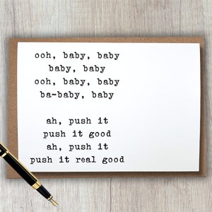 funny baby shower card | ooh baby baby, ah push it, push it good | 5x7 blank greeting card | new baby