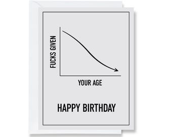 May include: A light gray birthday greeting card featuring a black line graph that shows a downward curve. The vertical axis is labeled "FUCKS GIVEN" and the horizontal axis is labeled "YOUR AGE". The text "HAPPY BIRTHDAY" is printed below the graph.
