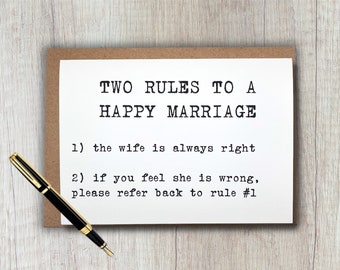 funny love, anniversary or marriage card | two rules to a happy marriage | 5x7 blank greeting card