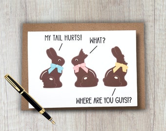 funny easter card | chocolate bunnies - my tail hurts | 5x7 blank greeting card