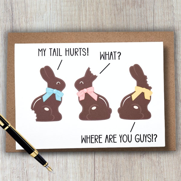 funny easter card | chocolate bunnies - my tail hurts | 5x7 blank greeting card