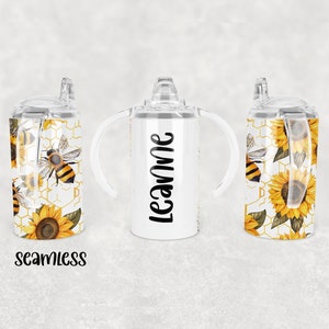 Bees And Sunflowers Sippy Cup Sublimation Wrap - 12 Oz Straight Girls Sippy Cup Tumbler Design PNG - Digital Download - Add Name