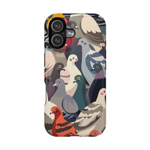 May include: A phone case featuring a colorful illustration of pigeons. The design includes various colors such as gray, white, red, and green. The case has a glossy finish and a camera cutout.