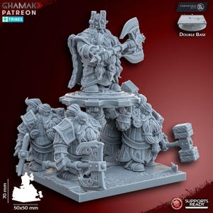 May include: A gray 3D printed miniature set of a dwarf king and four dwarf warriors. The king is standing on a gear-shaped base and holding a large axe. The warriors are holding hammers and axes. The set is compatible with a double base.