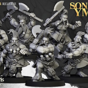 May include: A set of six grey plastic miniature figures of warriors, each holding an axe. The figures are posed in various fighting stances. The figures are part of a set called "Sons of Ymir" and are from the company "Highlands Miniatures".