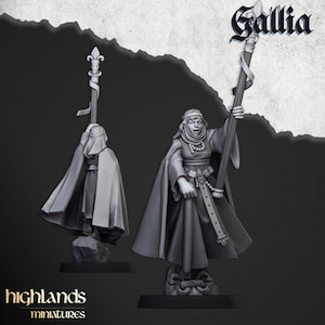 May include: A gray plastic miniature figurine of a woman wearing a hooded robe and holding a staff with a fleur-de-lis finial. The staff has a white banner attached to it. The figurine is standing on a gray base. The text "Gallia" is written in black at the top of the image.
