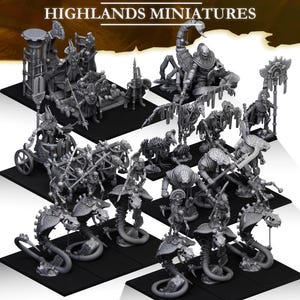 May include: A collection of gray, detailed miniature figurines depicting various creatures and characters. The miniatures are arranged in rows on a gray surface. The text "HIGHLANDS MINIATURES" is displayed at the top of the image.