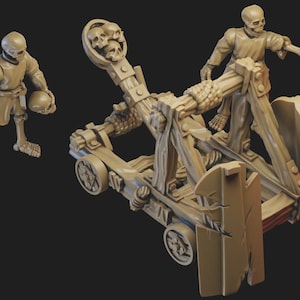 May include: A skeletal crew operates a wooden catapult with a skull-shaped lever. The catapult is on wheels and has a shield for protection. Two skeletons are included, one holding a skull and the other pointing with a skeletal hand.
