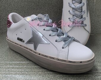 Vintage Women Sneakers Golden goose, White thick sole Leather metal Silver star - pink heel 4 or 12