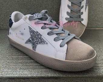 Vintage Women Sneakers Golden goose, silver star - bule glitter 4 or 12