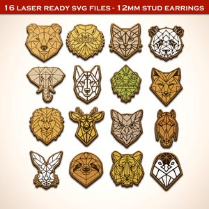 Geometric Animal Stud Earrings SVG – Laser Cut Jewelry File for Glowforge, Lightburn & CNC – Modern Polygon Studs