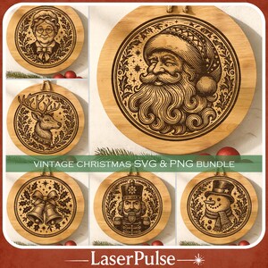 May include: A collection of six round wooden Christmas ornaments with engraved vintage designs. The ornaments feature images of Santa Claus, a reindeer, a snowman, a nutcracker, bells, and a woman. The text "VINTAGE CHRISTMAS SVG & PNG BUNDLE" is also visible.