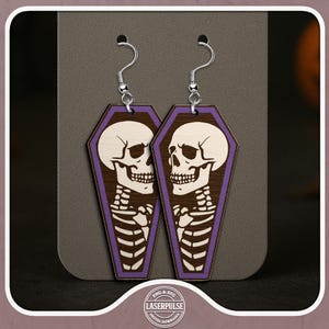 Skeleton Coffin Earrings SVG, Halloween Skull Dangle Earring Laser Cut File, Gothic Spooky Jewelry SVG for Glowforge Lightburn