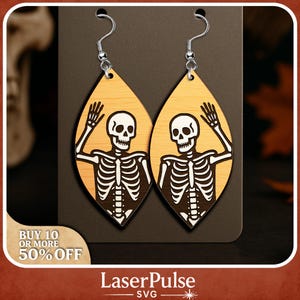 Waving Skeleton Earring SVG, Funny Halloween Dangle Earrings for Laser Cutting and Engraving, Spooky Gothic Jewelry Glowforge Lightburn