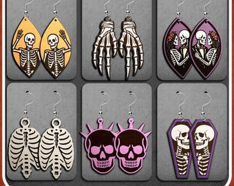 Paquete SVG de pendientes de Halloween: 6 diseños de pendientes colgantes de esqueleto y calavera góticos / Archivos de joyería con grabado láser Glowforge Lightburn