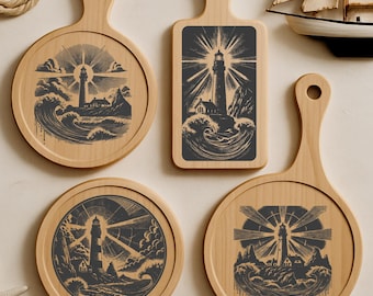 Lighthouse SVG PNG Bundle – 4 Coastal Nautical Engraving Designs for Charcuterie Boards, Glowforge, Lightburn, and CNC Use