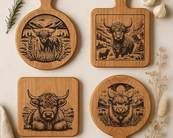 Highland Cow SVG Bundle – 4 Rustic Laser Engraving Designs for Glowforge, Lightburn, Farmhouse Decor & CNC