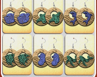 Tribal Ocean Earrings SVG Bundle – 6 Sea Animal Designs with Turtle, Dolphin, Whale, Seahorse, Manta Ray, Angelfish | Laser Cut Files