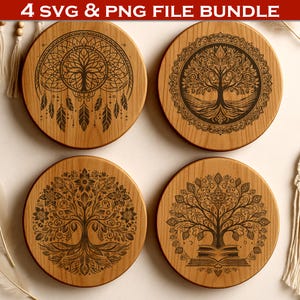 Tree of Life SVG-bundel | 4 ingewikkelde lasergravureontwerpen voor houten borden en decoratie | Glowforge Lightburn-compatibel | Commercieel gebruik