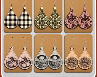 Herbst Teardrop Ohrring SVG Bundle - 6 Herbst Laser Cut Designs mit Plaid, Blättern, Sonnenblume, Kürbis & Erntefeld für Glowforge Lightburn